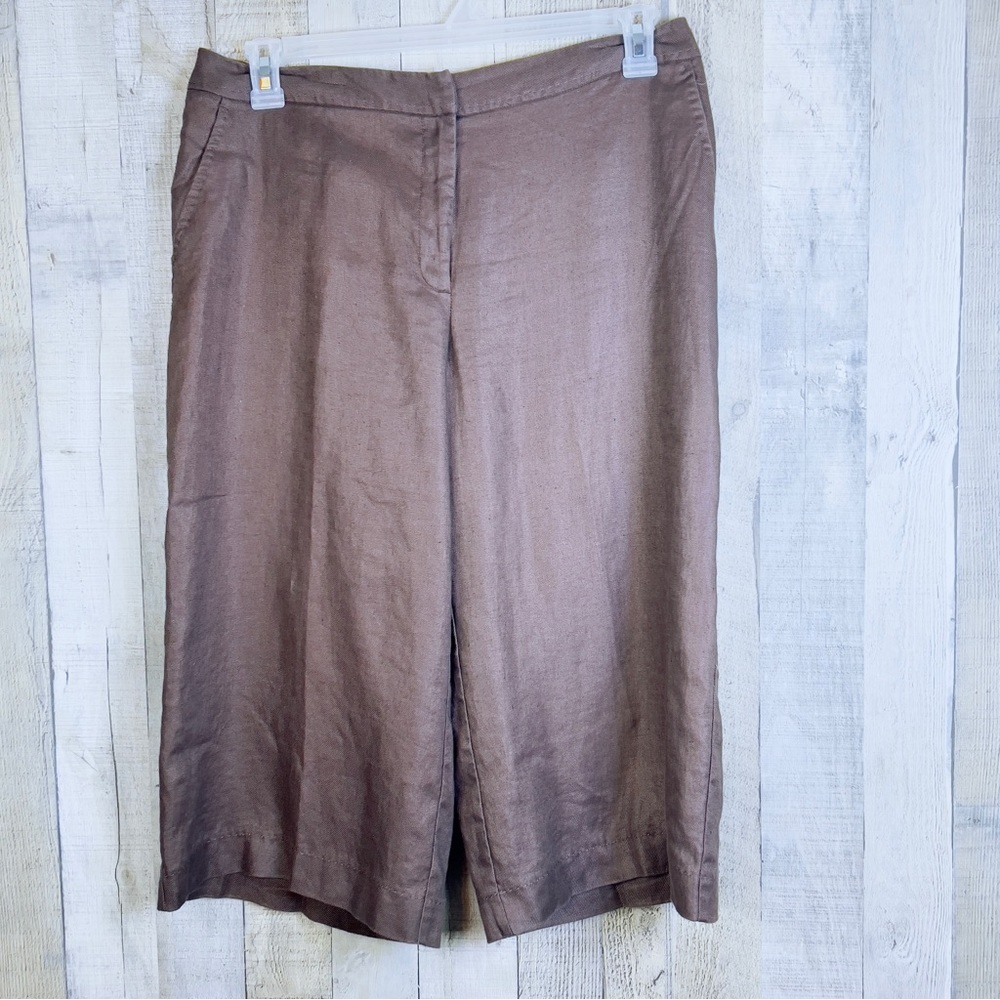 Worthington Size 12 100% Linen Brown Wide Leg Capris w/Front Pockets